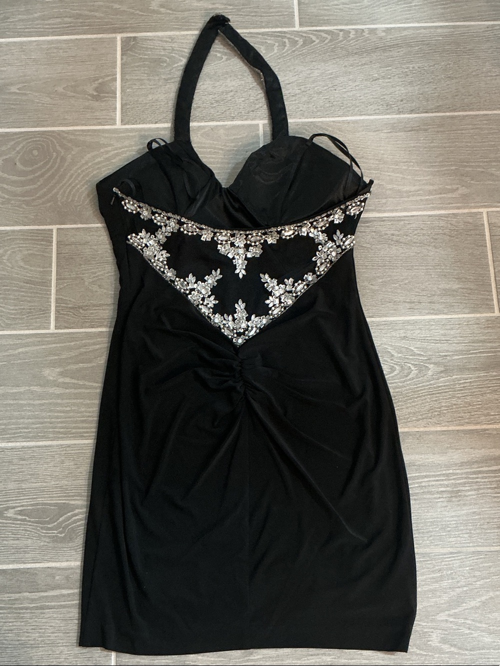 Faviana Black Halter Mini Dress with Crystal Embellishments Women’s Sz 8 #96551 - Picture 3 of 4
